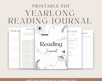 May include: A collection of printable PDF reading journals with a neutral color palette. The central journal cover features the title "Reading Journal" with floral and star illustrations. The journals include sections for reviews, checklists, and favorite quotes.