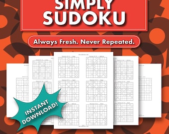 May include: A digital download of 1110 Sudoku puzzles, with the text "MAVONX'S SIMPLY SUDOKU Always Fresh. Never Repeated." and "INSTANT DOWNLOAD!" in a red, white, and blue color scheme.