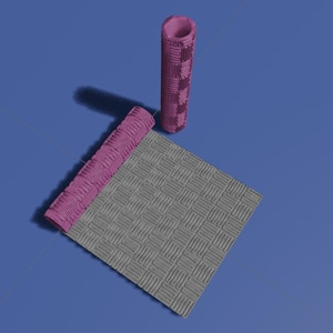 Puede incluir: Una alfombra de baño rosa y gris con estampado enrollada con un rodillo de alfombra de baño rosa a juego.