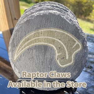 May include: A stack of gray slate coasters with a gold and white raptor claw design. The text "Raptor Claws Available in the Store" is printed on the coasters.