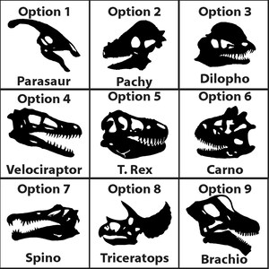 May include: A grid of nine black dinosaur skull silhouettes, each labeled with a name and an option number. The dinosaurs include Parasaur, Pachy, Dilopho, Velociraptor, T. Rex, Carno, Spino, Triceratops, and Brachio.