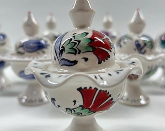 Hand-Painted Turkish Ceramic Sugar Bowl, Ottoman Floral Lidded Jar, 8 cm