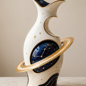 以下が含まれることがあります： 金色の星座が描かれた濃紺の天体模様のインレイが特徴の白い陶器製の花瓶。花瓶は惑星の軌道を思わせる金色のリングで囲まれており、縁、台座、首元の装飾的な切り抜き部分には金色の縁取りが施されています。
