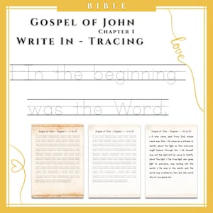 Puede incluir: Una hoja de trabajo con temática bíblica con borde amarillo con el texto "GOSPEL OF JOHN CHAPTER 1 WRITE IN - TRACING". La hoja de trabajo incluye líneas de trazado para las frases "In the beginning" y "was the Word,".