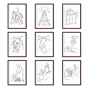 May include: Nine framed black and white line art prints depicting biblical scenes. Each print features a different scene, including figures, structures, and natural elements. The frames are a dark brown color.
