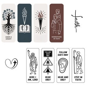 20 marcadores cristãos – Ouça e obedeça, dê um passo de fé, temas de legado e discipulado, cartões com versículos bíblicos, conjunto de marcadores de livros bíblicos para impressão
