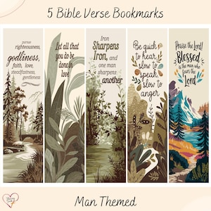 May include: Set of five Bible verse bookmarks with nature-themed illustrations. Each bookmark features a different verse and design, with text such as "godliness" and "Blessed." The bookmarks are labeled "Man Themed."