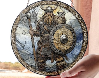 Atrapasueños de vidrieras de guerreros vikingos, decoración de ventanas de mitología nórdica, arte de guerreros nórdicos, diseño vikingo en vidrieras, regalo medieval para él.