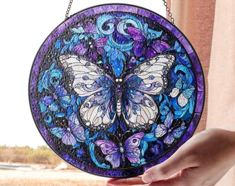 Butterfly Stained Glass Suncatcher, Blue and Purple Window Decor, Nature-Inspired Glass Art, Elegant Home Accent, Gift for Butterfly Lovers