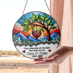 Stained Glass Memorial Panel with Tree and Heart Design for Mom or Dad – Personalized Sympathy Gift for Loss of Mother or Father
