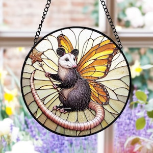 Opossum Fairy Stained Glass Suncatcher, Funny Animal Window Decor, Whimsical Nature Art, Fantasy Stained Glass, Gift for Mom