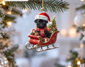 Custom Black Pug Wearing Santa Hat Scarf Flying Red Sleigh Bauble, Cute Pet Puppy Present Box Pendant, Gift for Dog Mom