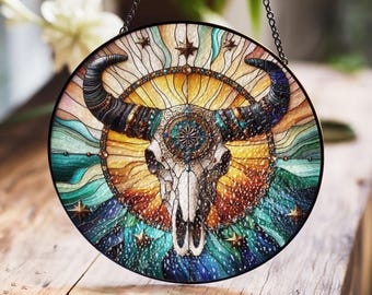 Southwestern Bull Skull Stained Glass Window Panel with Vibrant Sunburst Design and Stars, Perfect for Boho or Western Home Decor