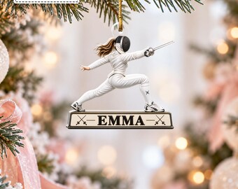 Custom Fencing Player Female Athlete Sword Stance Bauble, Sports Competitor Tournament Keepsake Pendant, Gift for Fencer