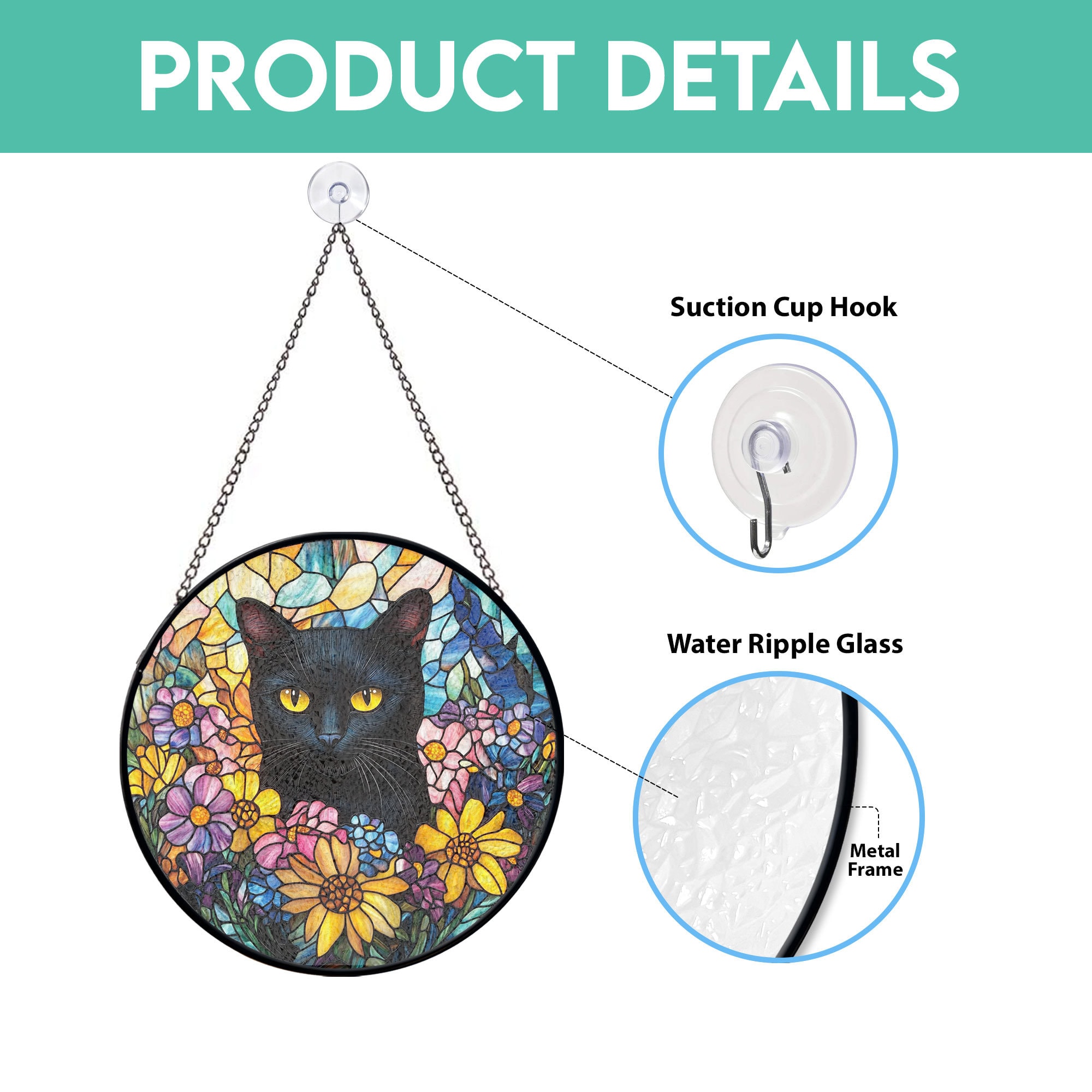 ステンドグラスの黒猫の花のサンキャッチャー、トラ猫のステンドグラス