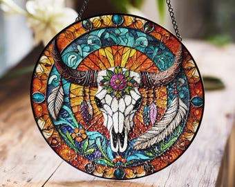Boho Bull Skull Stained Glass Window Panel with Vibrant Feathers and Floral Details, Perfect for Southwestern or Bohemian Decor