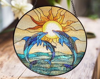 Vibrant Dolphins and Sun Stained Glass Panel for Window or Wall - Etsy
