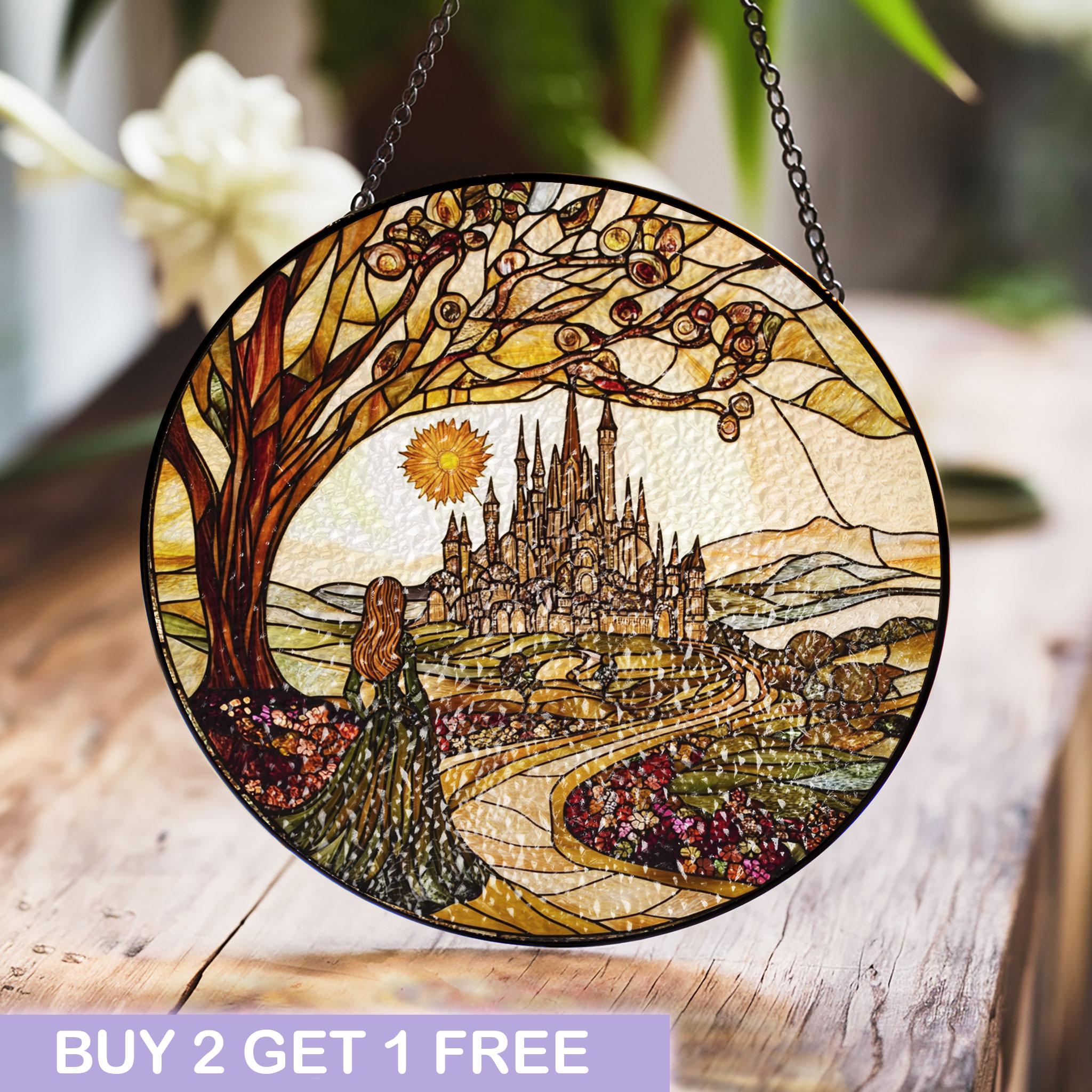 ステンドグラスのおとぎ話の城パネル、エレガントな小道と花が咲く風景