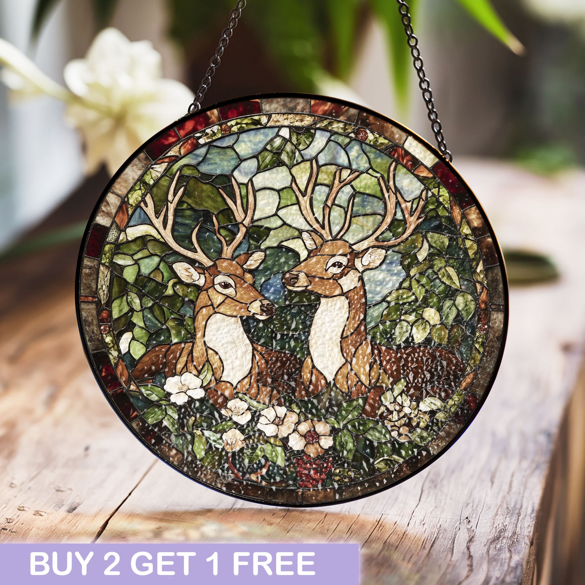 Stained Glass Deer Pair with Nature Scene - Majestic Wildlife Window Hanging for Nature Lovers