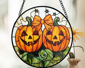 Pumpkin Halloween Stained Glass Suncatcher, Smiling Pumpkin Duo, Fall Window Decor, Jack-o'-Lantern Theme, Spooky Fans, Holiday Gift