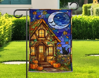 Halloween Cottage Garden Flag, Stained Glass Pumpkin Decor Flag, Black Cat Moon Yard Sign, Autumn Witchy Porch Gift For Fall Home