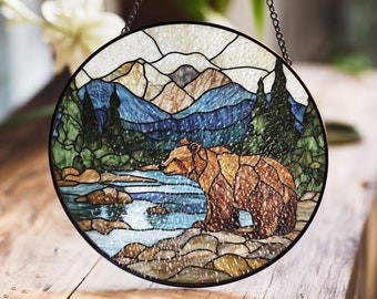 Bear Stained Glass Suncatcher, Mountain Landscape Wall Decor, Rustic Cabin Style, Camping Lover Gift, Nature Lovers, Wildlife Gift