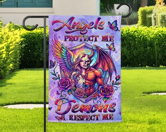 Angels Protect Me Demons Respect Me Garden Flag, Gothic Fantasy Angel Demon Yard Flag, Spiritual Protection Quote Decor Art