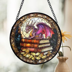 Dragon Book Stained Glass Suncatcher, Fantasy Treasure Stack Window Art, Gothic Medieval Style, Book Lover Gift for Readers