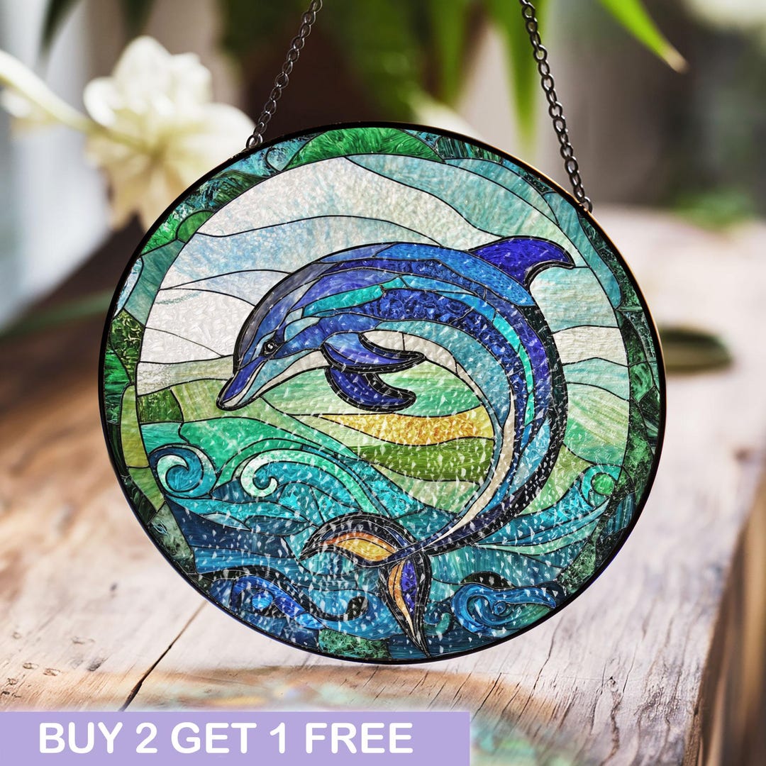 イルカのステンドグラスアートパネル - 海の波のデザイン円形窓掛け