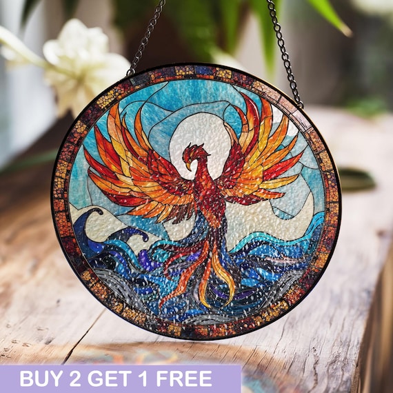 Phoenix Rising Stained Glass Window Hanging With Vibrant Flames