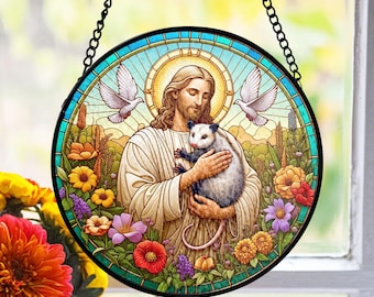 Jesus Hugging Opossum Stained Glass Suncatcher, Funny Christian Decor, Religious Animal Art, Funny Animal, Faith Gift, Nature Lover Gift
