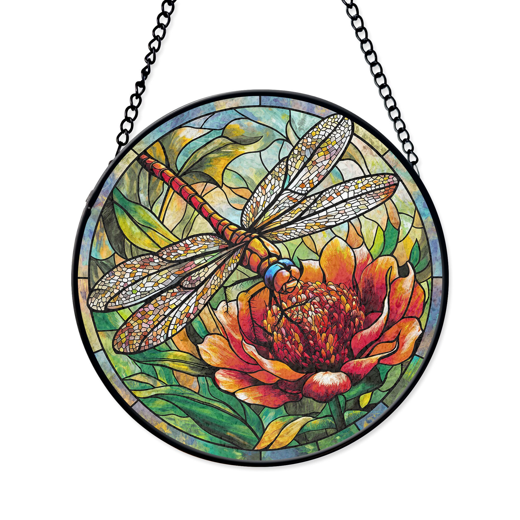 ZZHAOYI Libellen-Sonnenfänger Aus Buntglas – Handgefertigt, 20 Cm Durchmesser, Mit Metallkette Für Fenster Oder Garten