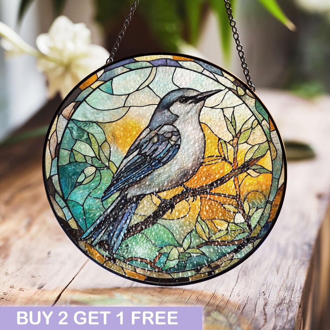 Mocking Window Mockingbird Stained Glass Window Panel With Vibrant Yellow and Green ...