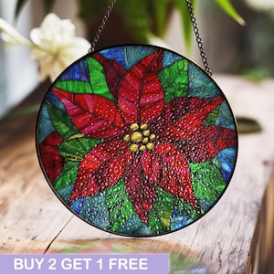 Festliche Weihnachtsstern-Glasmalerei-Scheibe - lebhafter Feiertags-Blumenfenster-Behang
