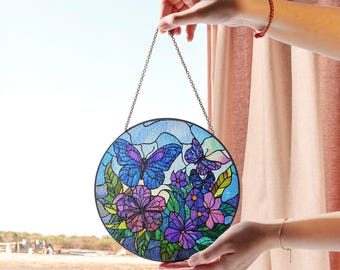 蝶と花のステンドグラスパネル、鮮やかな丸窓装飾 - Etsy 日本