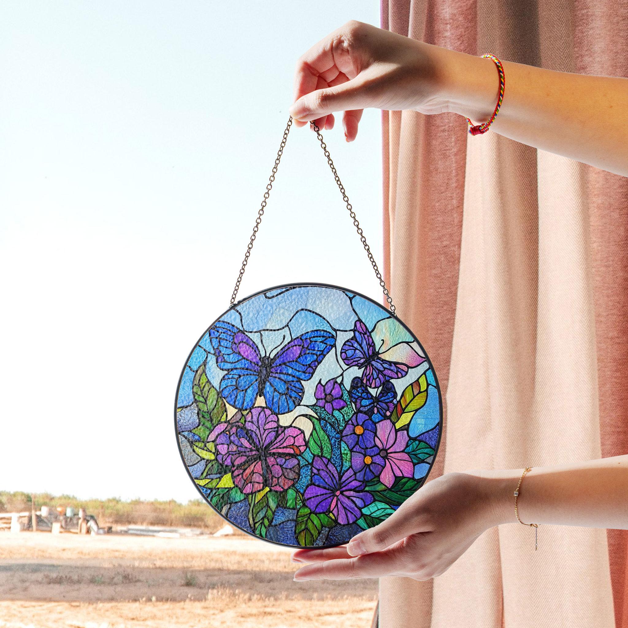 n*e様 ステンドグラス パネル 花に集まる蝶々 約94×58cm 壁掛け オブ 蝶と花のステンドグラスパネル、鮮やかな丸窓装飾 - Etsy 日本