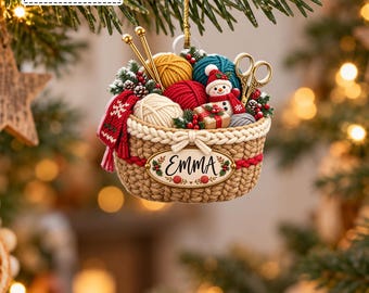 Custom Knitted Yarn Basket Knitting Needles Snowman Scissors Bauble, Crochet Craft Hobby Keepsake Pendant, Gift for Knitters