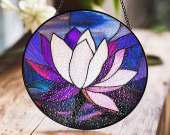 蓮の花のステンドグラスサンキャッチャー、紫の花のパネル、禅の窓飾り