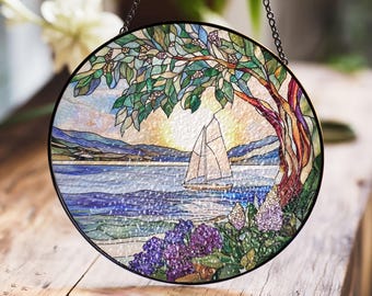 海景ステンドグラス、夕暮れの海の波、波間を航行する帆船 - Etsy 日本