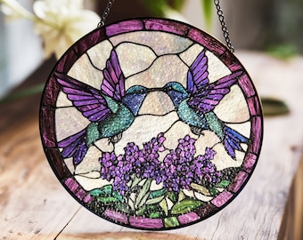 Stained Glass Hummingbirds with Lavender Suncatcher – Nature-Inspired Window Hanging Art