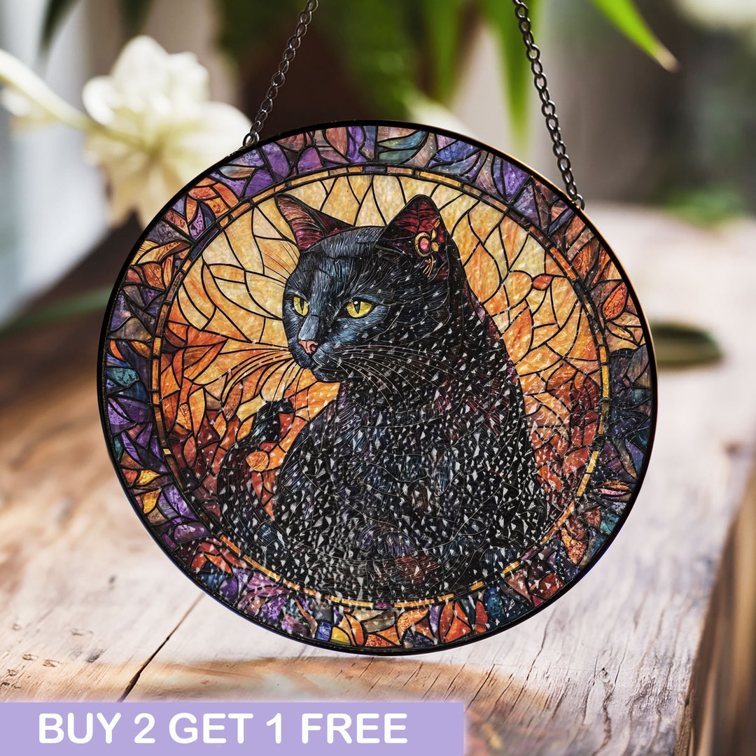 Stained Glass Suncatcher Black Cat, Halloween Cat Window Hanging ...