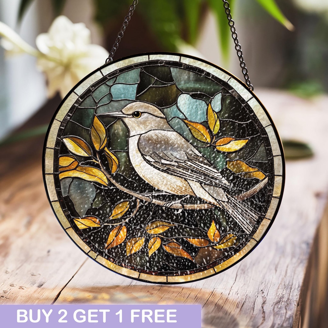 Mocking Window Elegant Mockingbird Stained Glass Window Panel With Yellow Leaves ...
