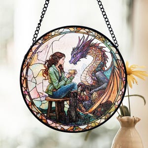 Dragon And Girl Stained Glass Suncatcher, Fantasy Art Window Decor, Tea & Dragon Stained Glass, Mythical Creature, Gift for Fantasy Lovers