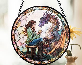 Dragon And Girl gebrandschilderd glas Suncatcher, fantasy art raamdecoratie, thee en draak gebrandschilderd glas, mythisch wezen, cadeau voor fantasyliefhebbers