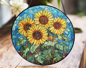 Sonnenblumen-Buntglas-Panel - lebhaftes gelbes Blumenmuster-kreisförmiges Fensterbehang