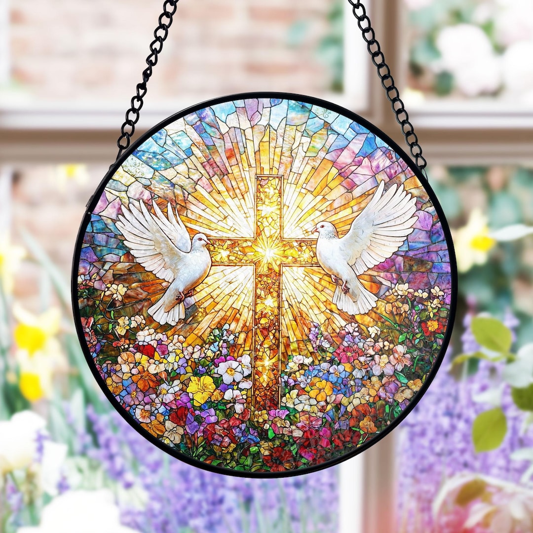 Christian Cross Stained Glass Suncatcher, Doves & Floral Window Decor ...