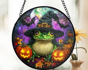 Frog Stained Glass Suncatcher, Halloween Witch Decor, Whimsical Stained Glass, Fall Animal Lovers, Cute Gift Idea