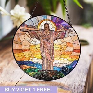 Christ the Redeemer Stained Glass Panel with Vibrant Sunset Background for Inspiring Wall or Window Display