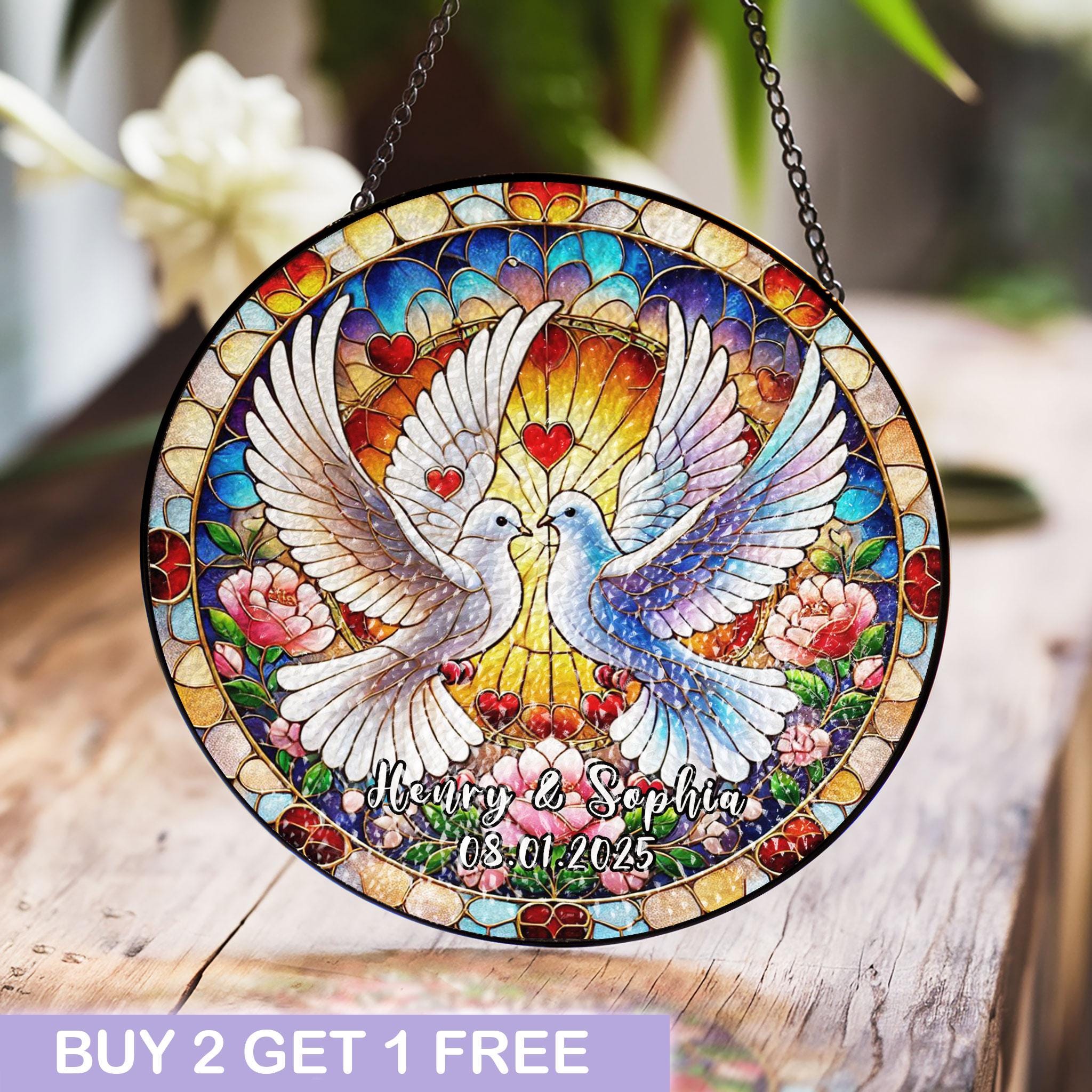 Romantic Dove Couple Stained Glass Panel With Personalized Names