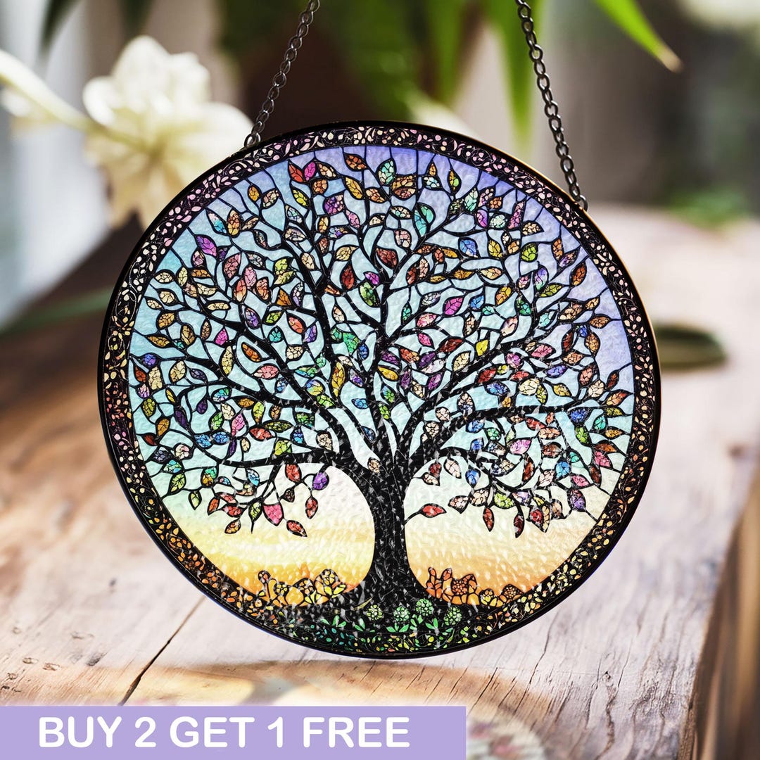 Tree of Life Stained Glass Window Hanging With Vibrant Multicolored ...